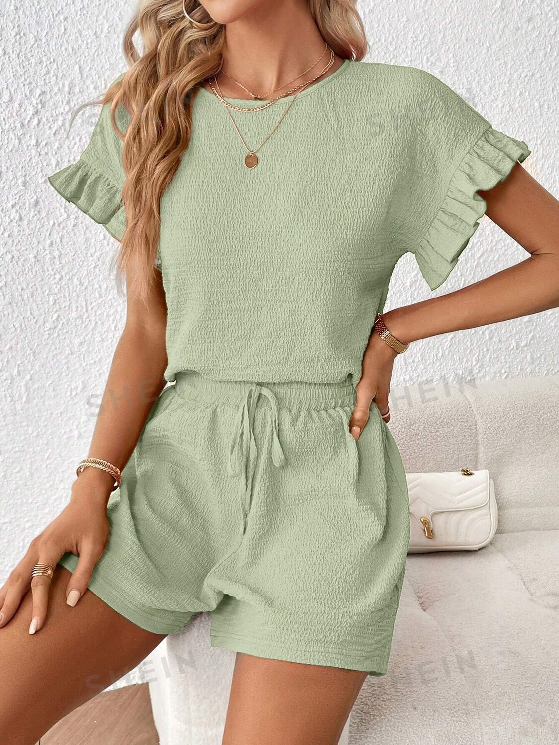 

Топ женский и шорты Shein Essnce с круглым вырезом, мятно-зеленый