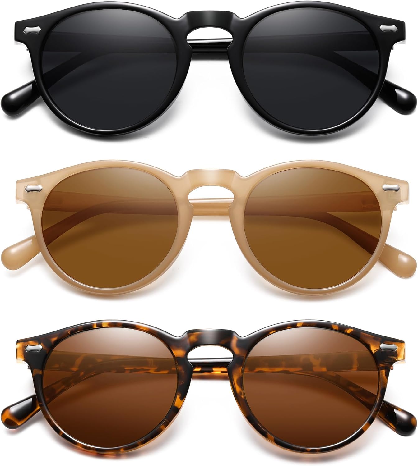 

Ретро маленькие круглые поляризованные солнцезащитные очки для женщин в винтажном стиле, защита от УФ-излучения YMRFW, 3pack（black/Gray+tortoise Frame/Brown Lens+milk Coffee/Tea Lens)