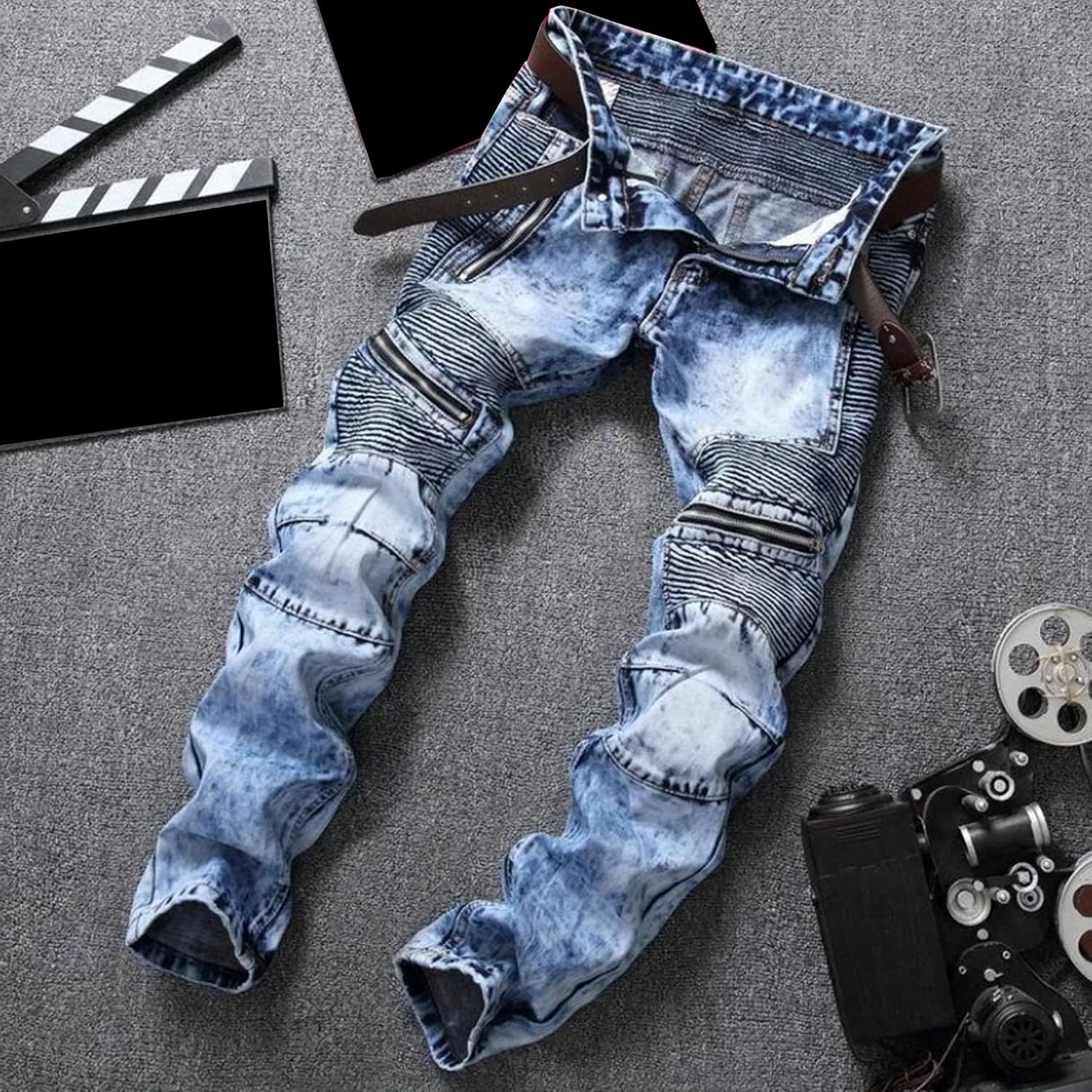 Джинсы с потертостями и молниями, Светло-синий — фото 3