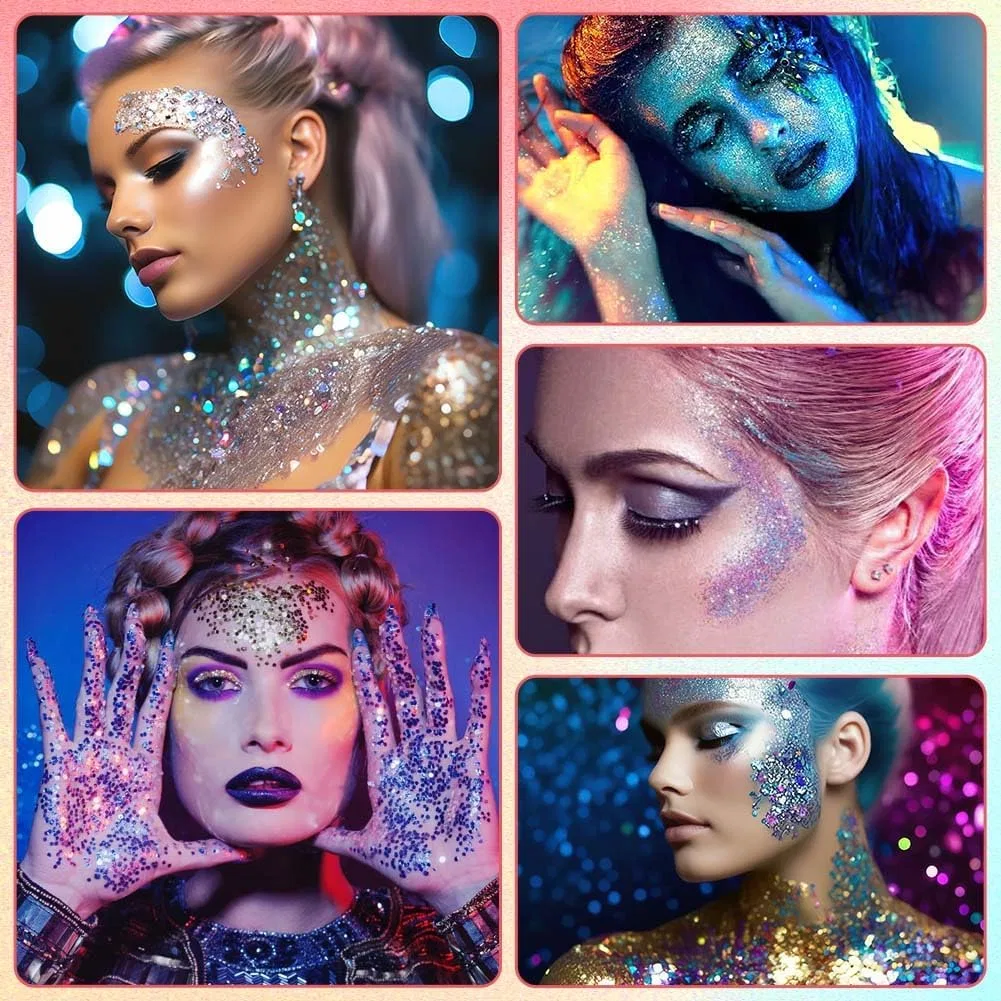 Набор гелевых блесток для тела из 6 штук ‎Aybuy, Golden Yellow + Gold + Transparent Pink + Silver White + Green + Pink — фото 4