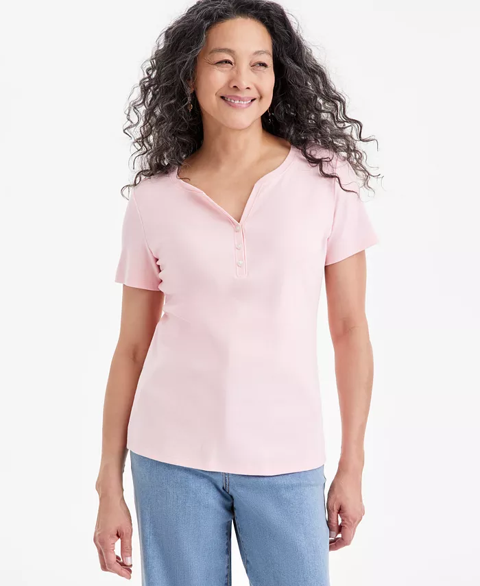 

Женская короткая хлопковая футболка Henley, размеры PXS - 4X Style & Co