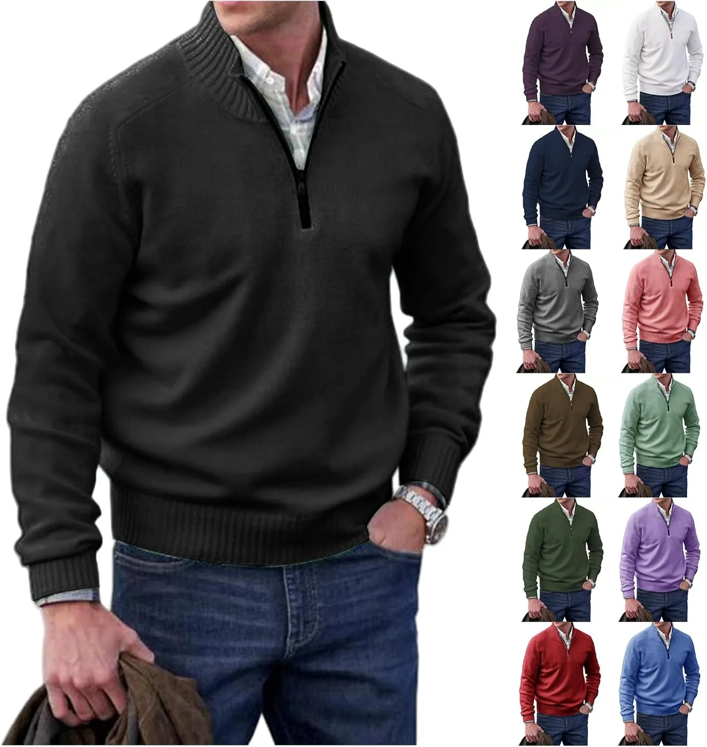 

Wankang мужской свитер с четвертью молнии и воротником стойкой, кабельная вязка, casual, slim fit