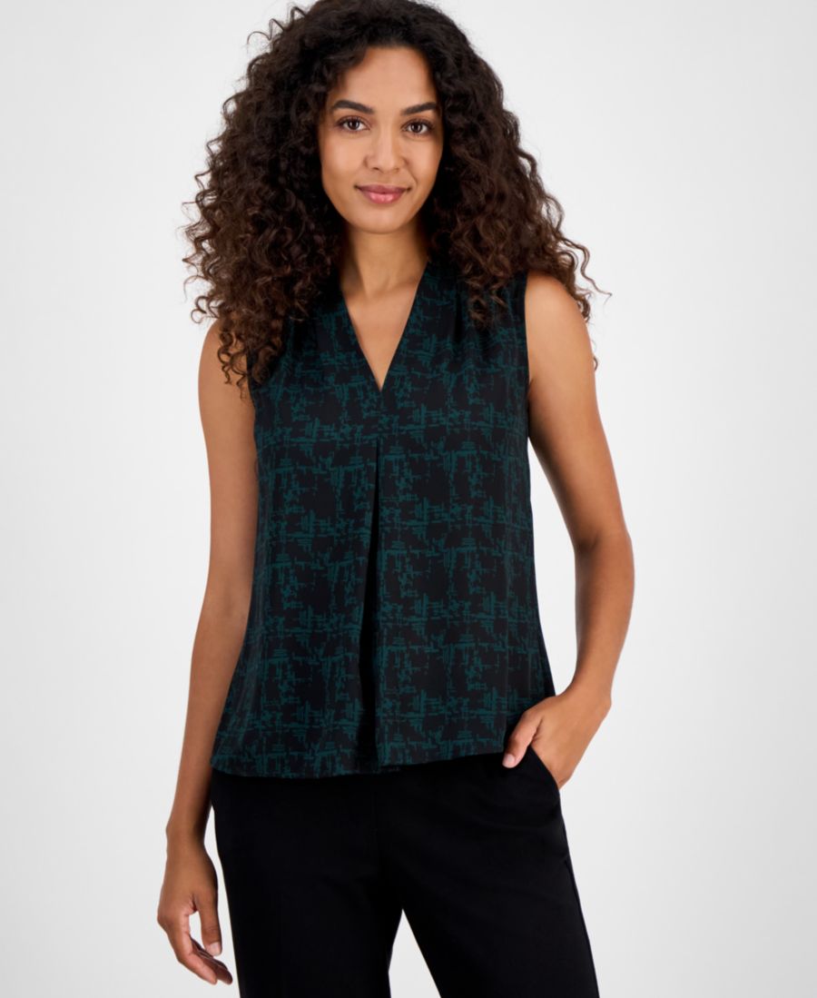 

Топ без рукавов с V-образным вырезом и абстрактным принтом, стандартный и укороченный размеры Kasper, Black/evergreen