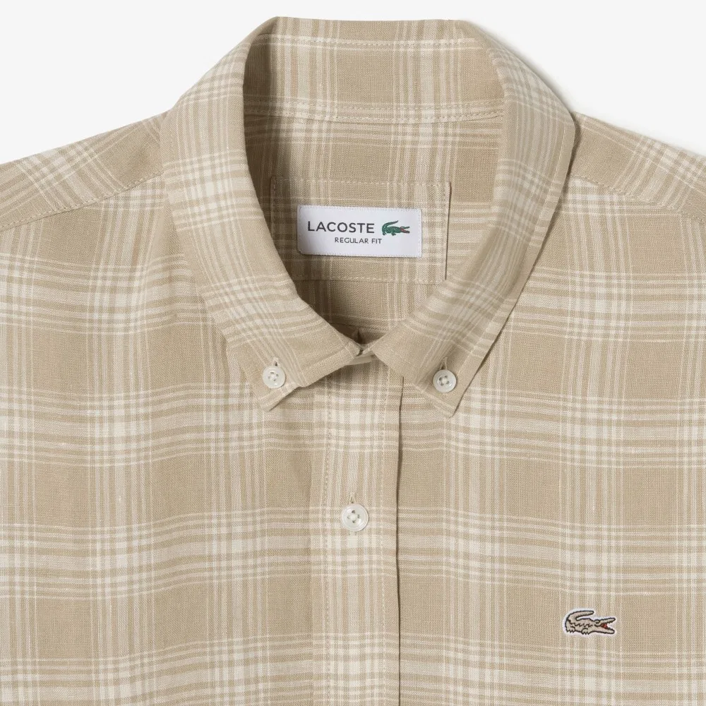 Мужская льняная рубашка в крупную клетку бежевого цвета от Lacoste — фото 2