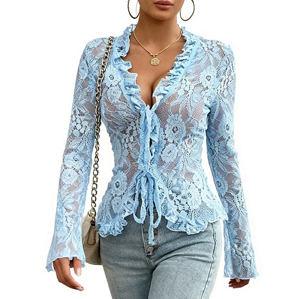 

Женская блузка с глубоким V-вырезом, кружевом и длинными рукавами Clearflower