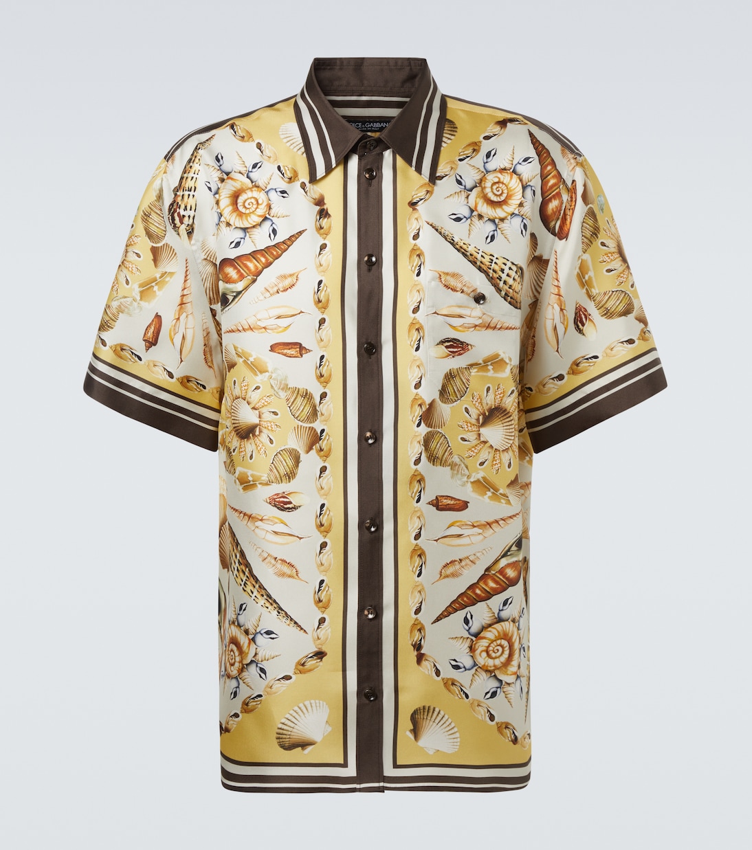 

Шелковая блуза в стиле боулинг с принтом, модель twill Dolce&Gabbana, Conchiglie F.Giallo