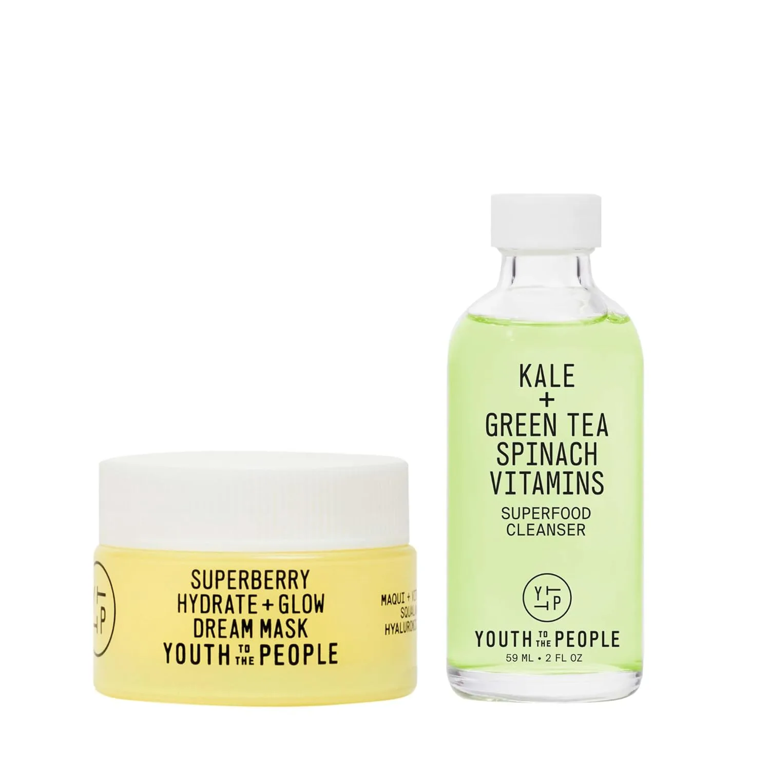 Youth To The People Rinse + Rest Travel Duo, набор для ухода за сухой кожей, Superberry Hydrate + Glow Dream ночная маска для лица (15 мл) + Superfood Kale + Green Tea очищающее средство для лица (60 мл), green