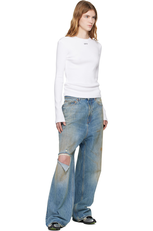 Off-White Белая футболка с длинными рукавами и ребристым верхом, с надписью «off» — фото 4