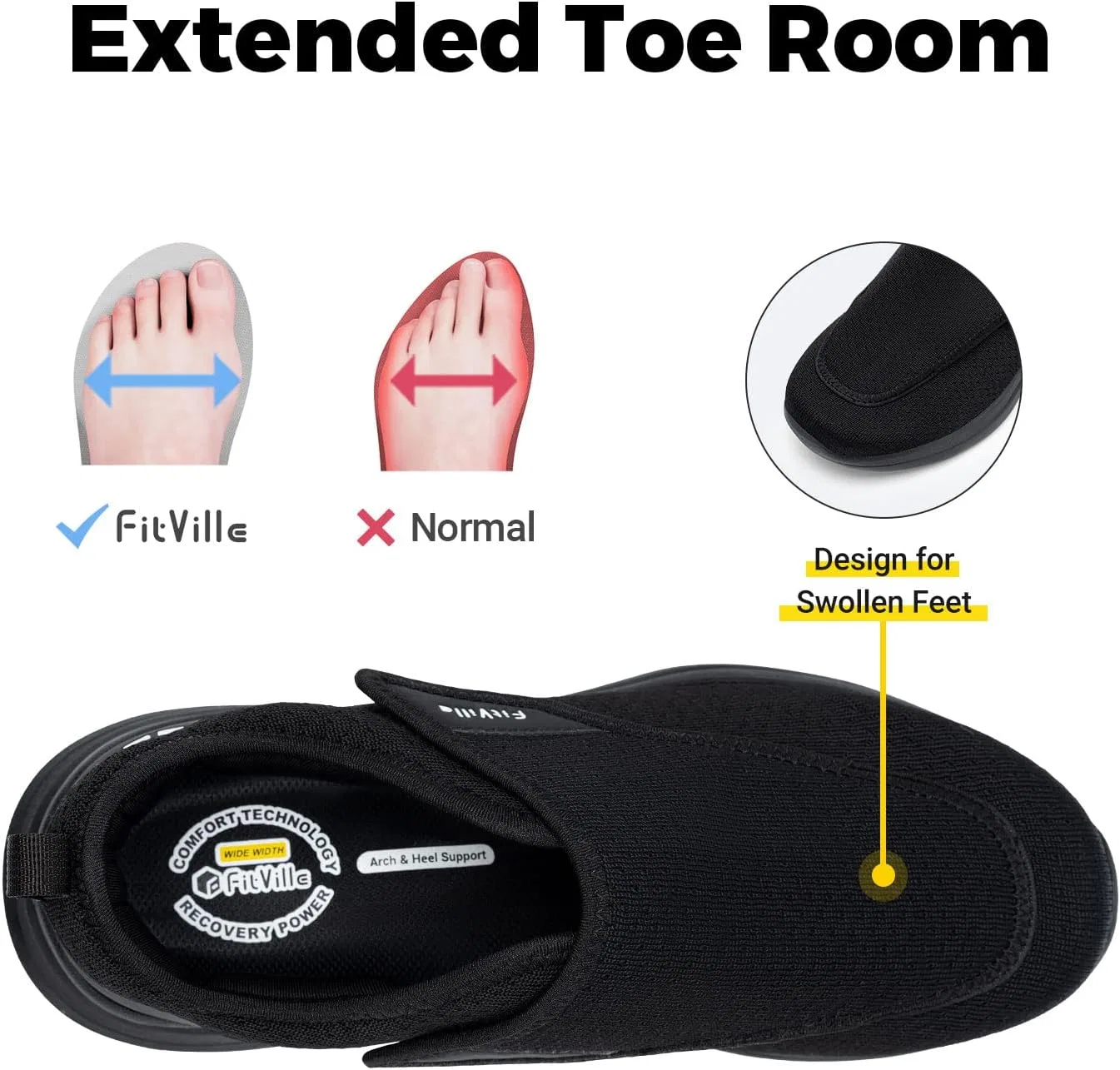 Мужские очень широкие домашние тапочки FitVille EasyTop Wings V2 с застежкой на липучке, Black — фото 2