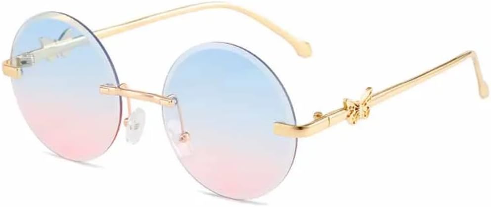 

Модные большие круглые солнцезащитные очки без оправы для женщин, роскошные очки с декором в виде бабочек, металлические дужки, мужские дорожные очки UV400 TVTBBVV, Gold Blue Pink