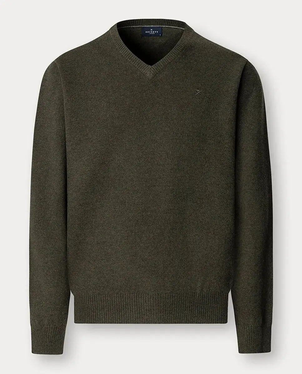

Мужской однотонный джемпер с V-образным вырезом и вышитым логотипом Hackett, темно-зеленый