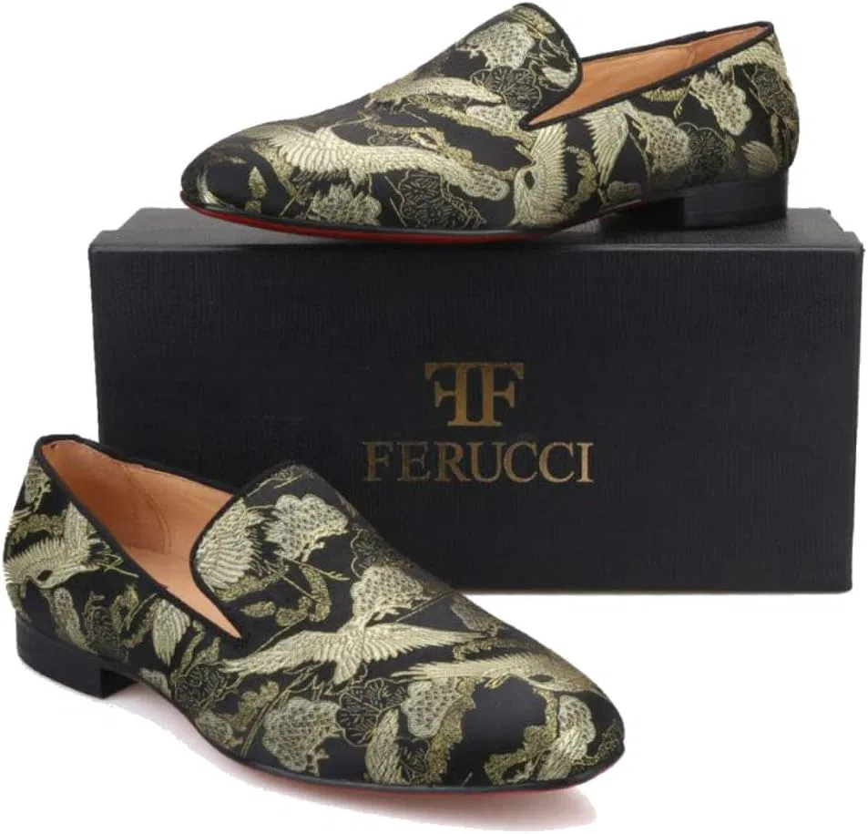 Лоферы мужские FERUCCI Black с золотым принтом китайской птицы — фото 2