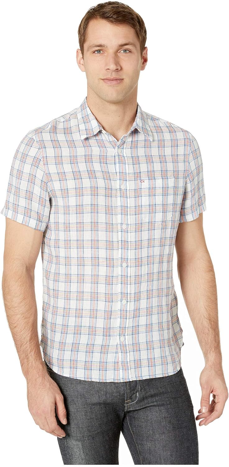 

Мужская рубашка Calvin Klein из легкого хлопка и льна с коротким рукавом и застежкой на пуговицы, Michael Checks
