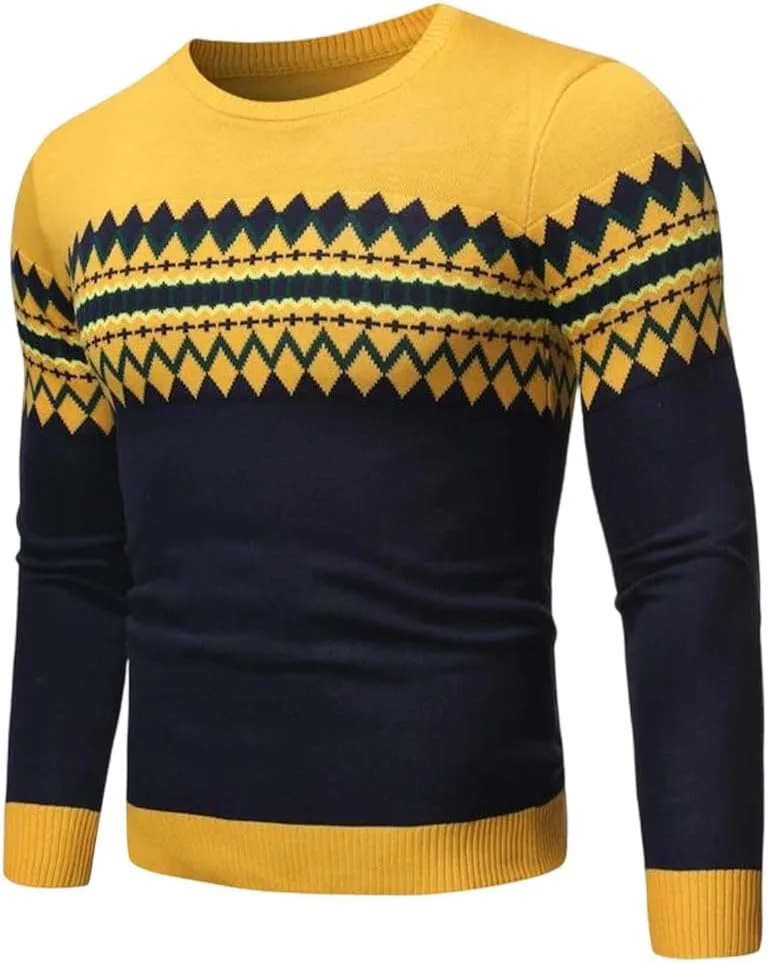 

Мужской свитер с круглым вырезом — модная повседневная модель Slim Fit в полоску