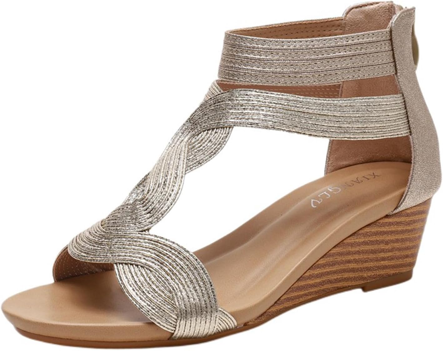 

Женские летние сандалии на низкой танкетке, нарядные платформенные сандалии с ремешком на щиколотке, открытым носком, римские сандалии на танкетке, с молнией для комфортной ходьбы, слипоны на заднике Generic, золотой