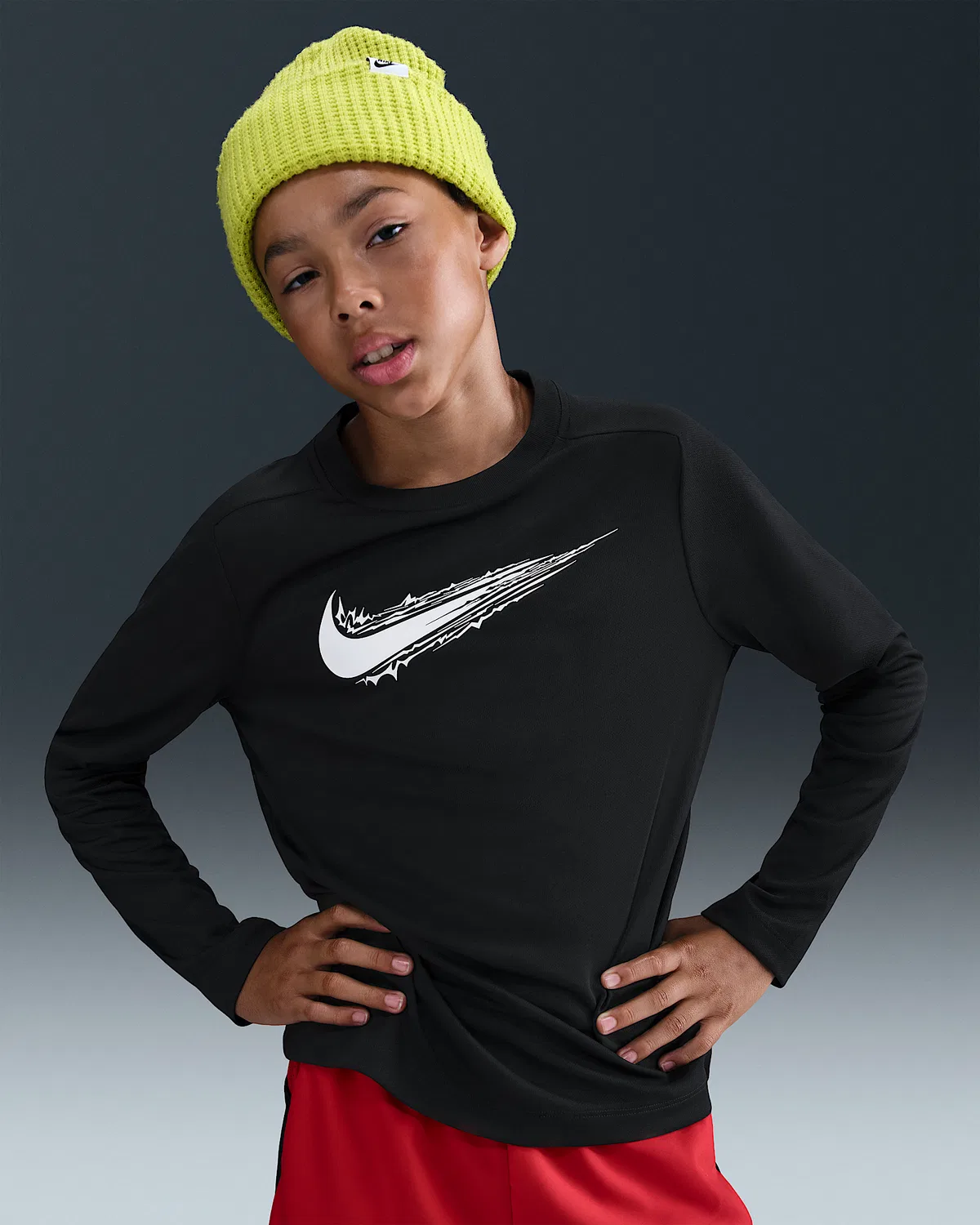 Большой детский (мальчиковый) длинный рукав Dri-FIT Nike Multi, Black/White