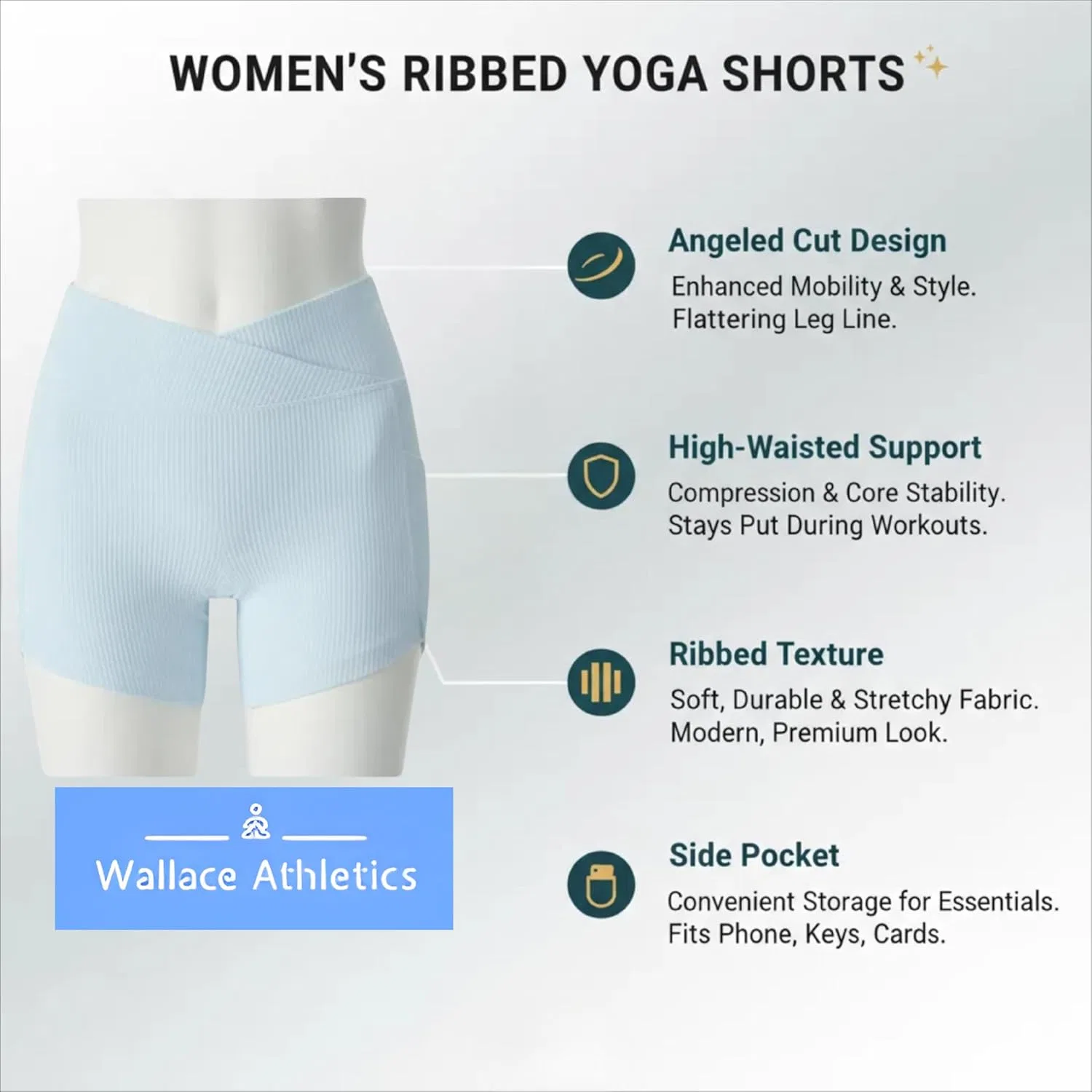 Wallace Athletics Женские шорты для йоги, бега, фитнеса, тренировок, приседаний, упражнений в спортзале, шорты с высокой талией, спортивная одежда, нежно-голубой — фото 4