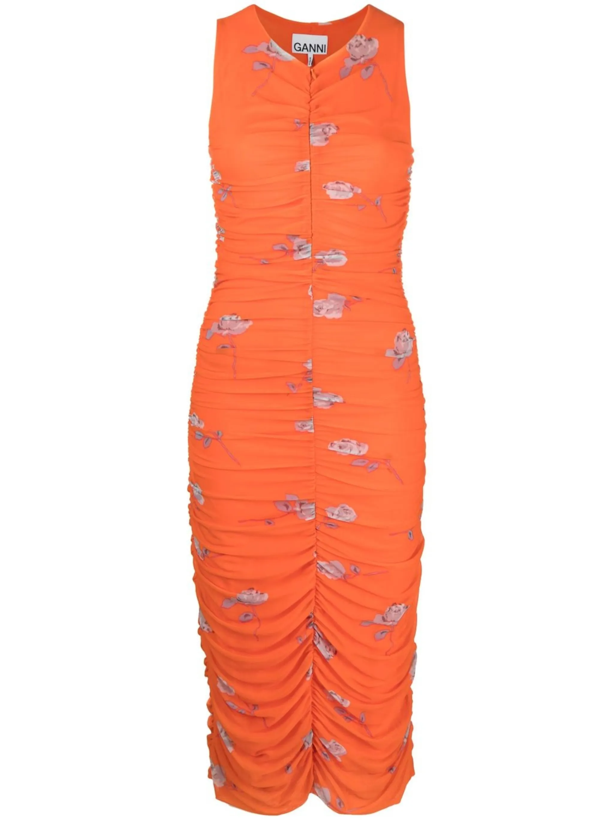 

Платье со сборками и цветочным принтом Ganni, оранжевый