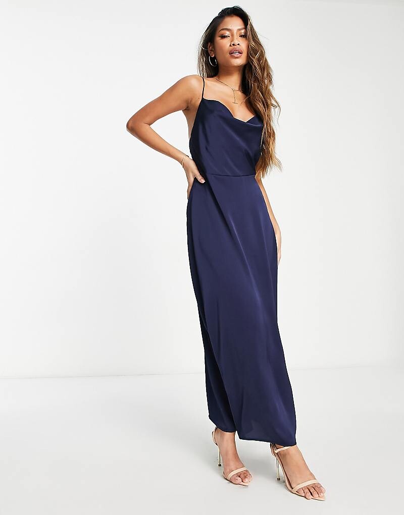 

Vila – Bridesmaid – Темно-синее атласное платье макси с воротником-хомутом