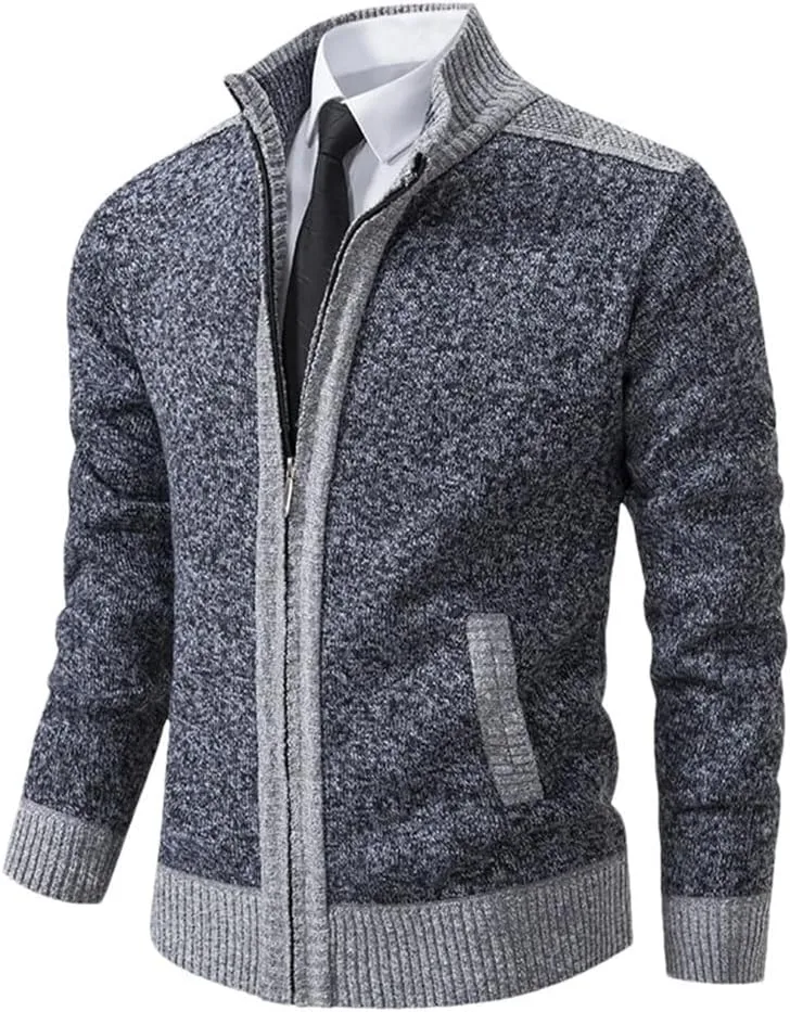 

Мужской свитер-кардиган с воротником стойкой и длинными рукавами