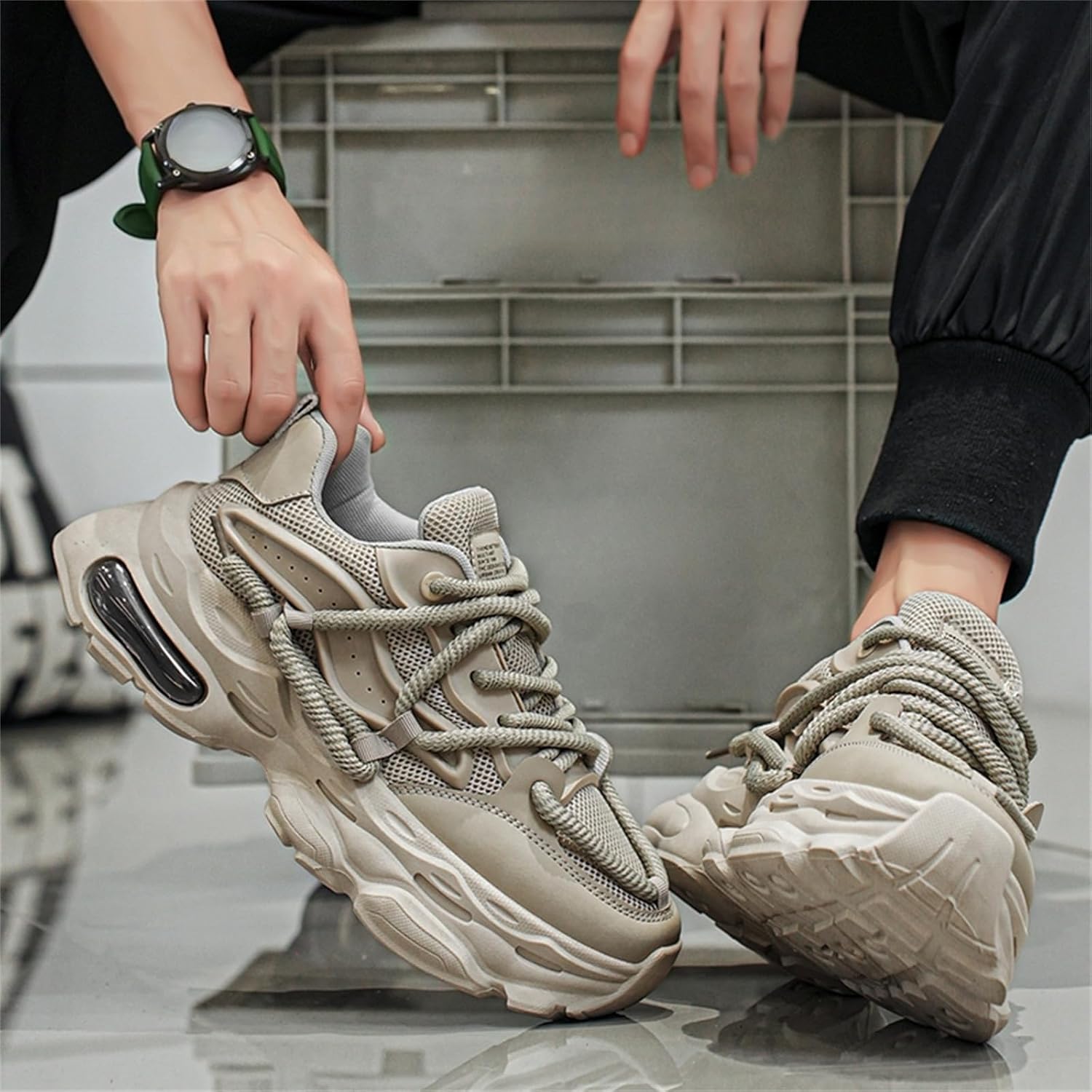 Мужские кроссовки TengfeiFly Platform Dad Sneaker из сетчатой и кожаной поверхности, на шнуровке, повседневные, с массивным каблуком, круглым носком, с воздушной подушкой, легкие, мягкие и дышащие, для прогулок, бега и улицы, серый — фото 2