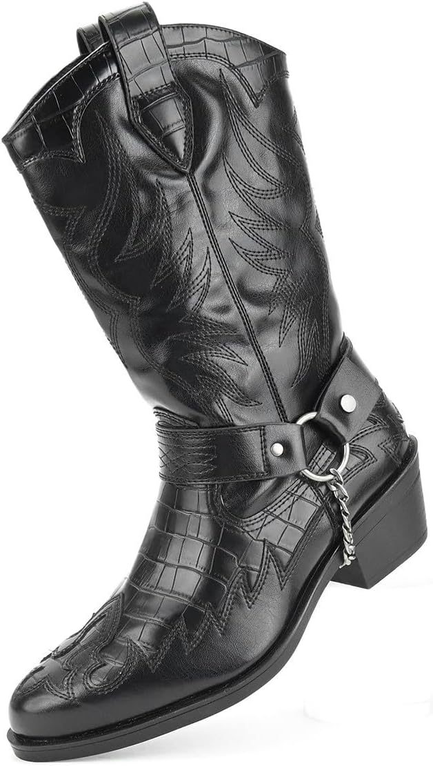 

Мужские западные ковбойские сапоги Santimon винтажные с узором под крокодила, кожаные, средней высоты, с металлической цепочкой и ремешком, черный