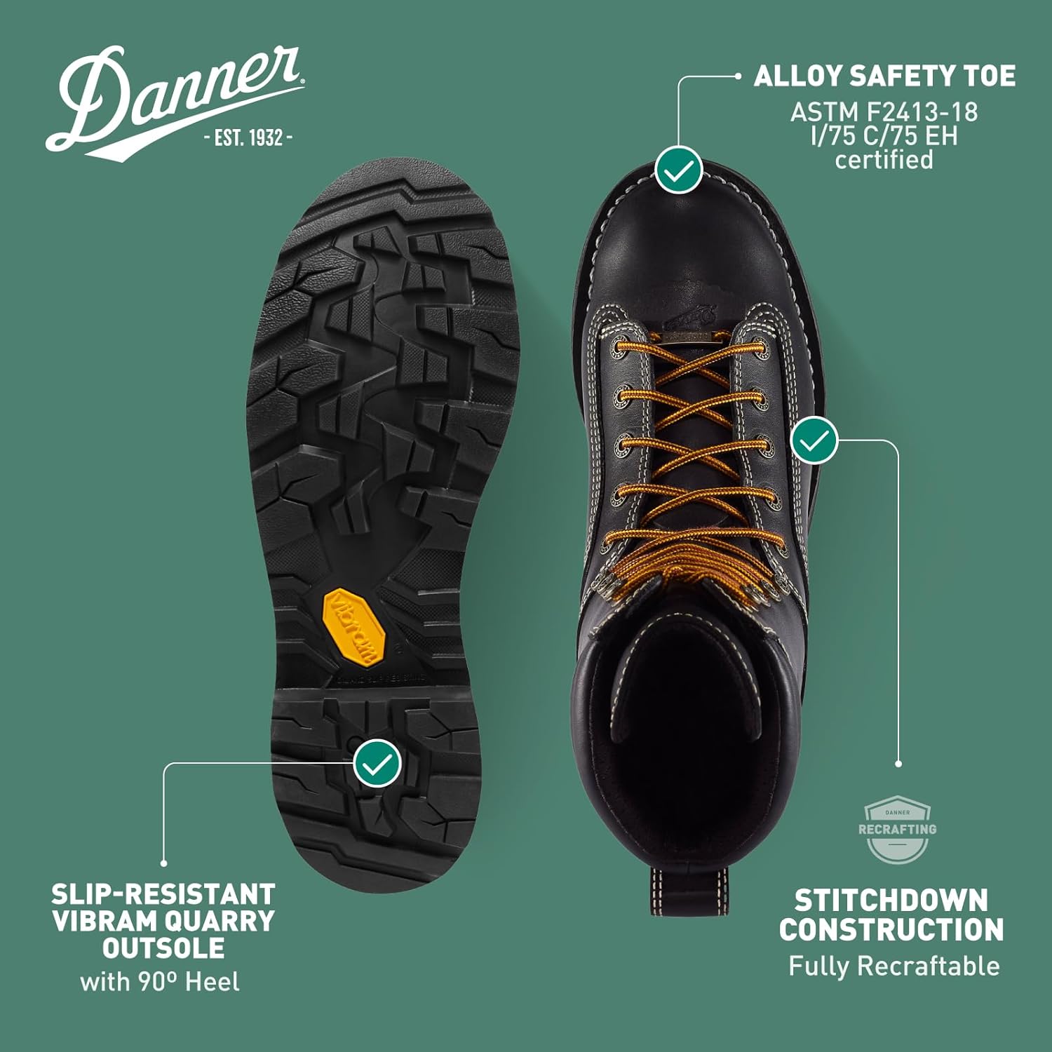 Мужские ботинки Danner 8 Quarry USA с водонепроницаемым сплавным носком - из кожи высокого качества с подкладкой Gore-Tex и подошвой с протектором, устойчивые к электрическому напряжению, черный — фото 4