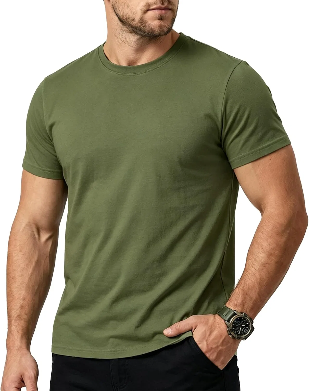 Футболка с круглым вырезом, хлопок, Olive Green, M