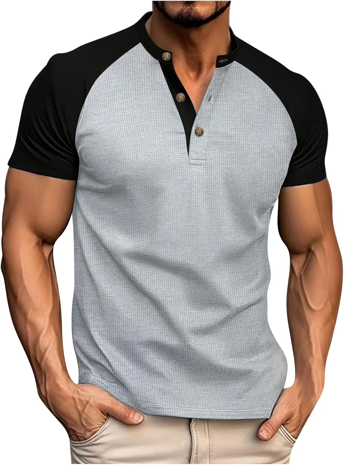 

Мужская футболка Henley с коротким рукавом, цветной блок и мягкая