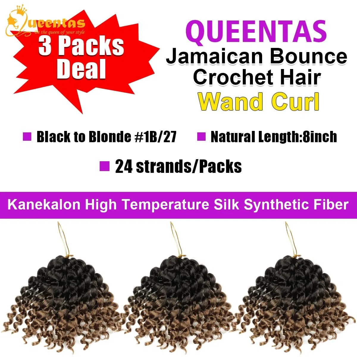 Набор для наращивания волос QUEENTAS Crochet Hair 3 упаковки Queentas, Black To Blonde — фото 2
