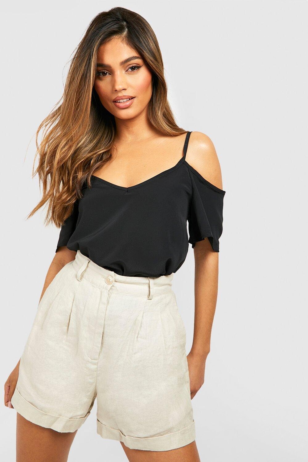 

Топ с открытыми плечами из тканой ремешки Boohoo, черный