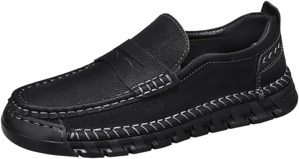 

Мужские кожаные лоферы Asifn, удобные повседневные туфли на скользящей подошве с закругленным носком, ручная строчка, нескользящая подошва, для ежедневного использования, вождения, офиса и прогулок, черный