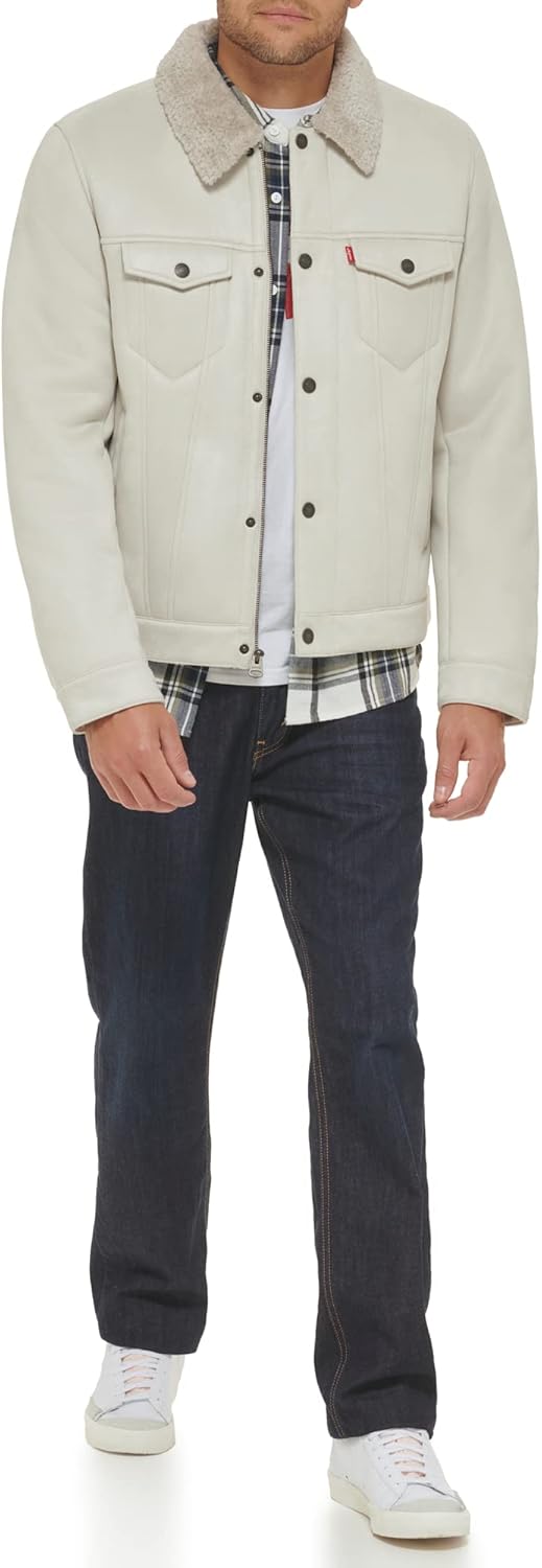 Мужская классическая куртка дальнобойщика Levi's из искусственной кожи, Cream Faux Shearling — фото 2