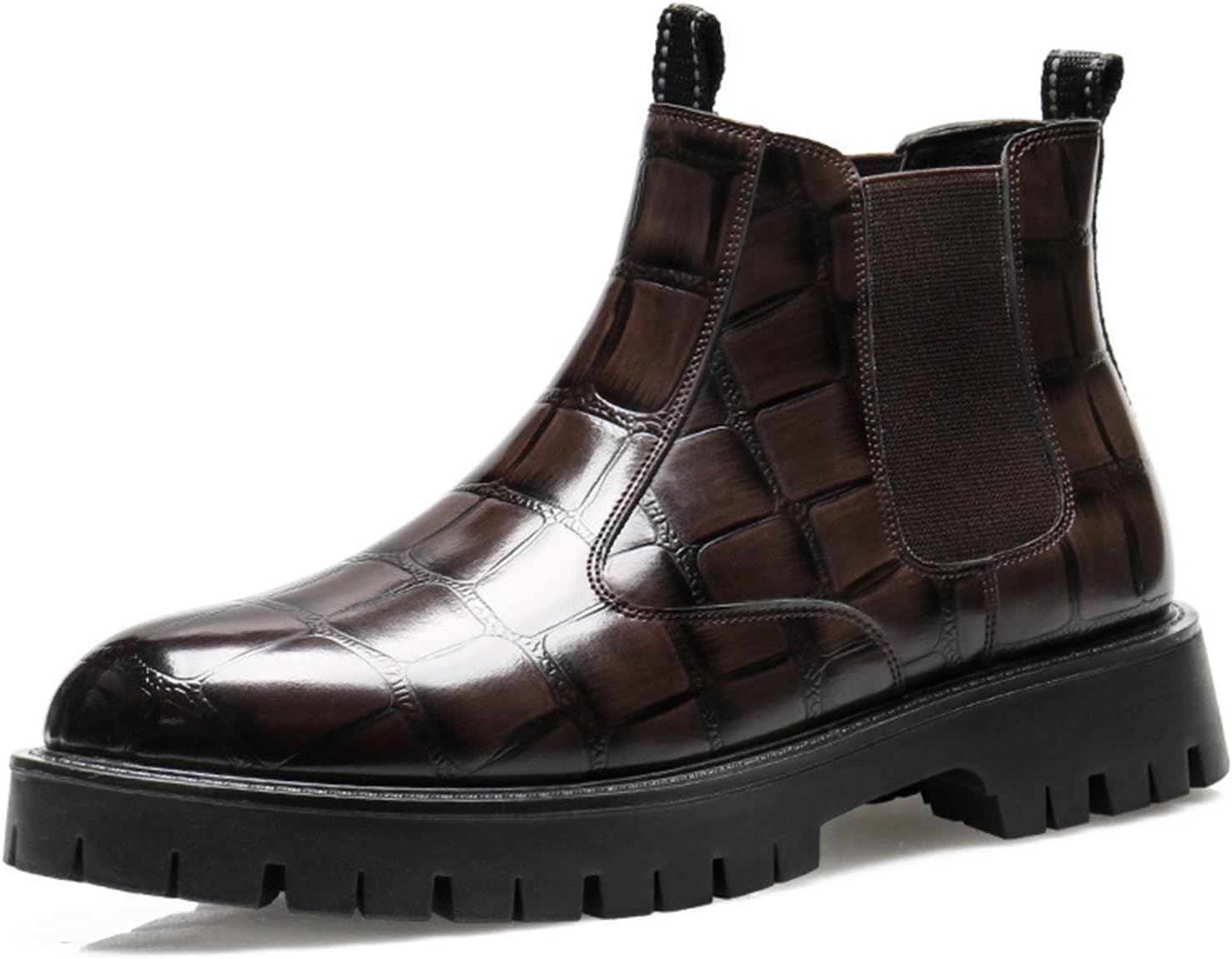 

Мужские классические кожаные челси на высокой платформе с массивным каблуком, модная эластичная передняя часть, круглый носок, высокий верх Uzujbaa, Coffe