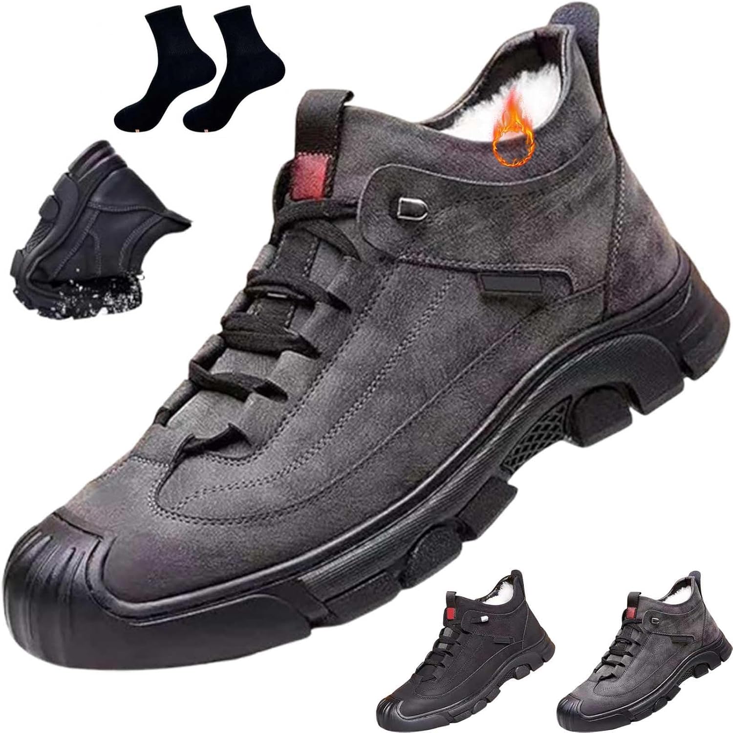 

Мужские теплые ботинки GHTRHSB из флиса, зимние кожаные водонепроницаемые кроссовки с флисовой подкладкой, нескользящие снежные ботинки для походов, теплые ботильоны с искусственным мехом, серый