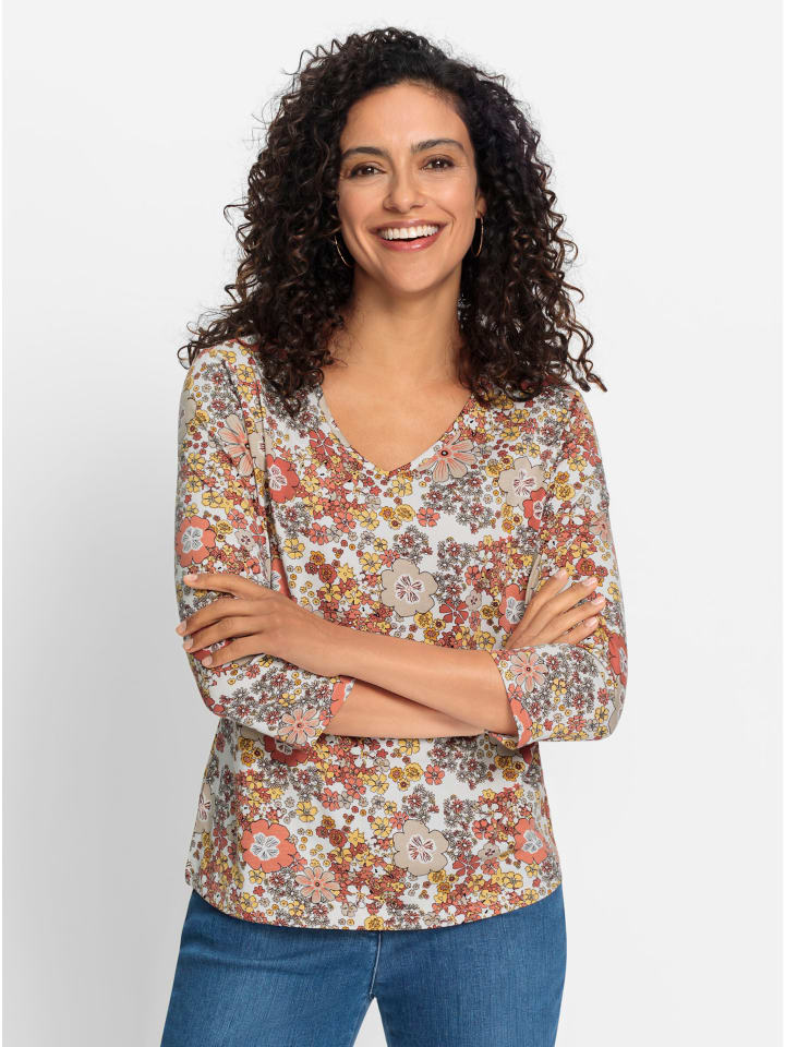 

Футболка с V-образным вырезом с принтом экрю и папайи WITT WEIDEN, Белый, Футболка с V-образным вырезом с принтом экрю и папайи WITT WEIDEN