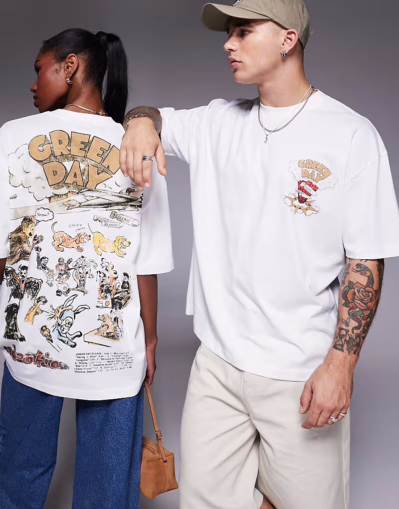 

Футболка унисекс свободного кроя ASOS DESIGN белого цвета с принтом Green Day