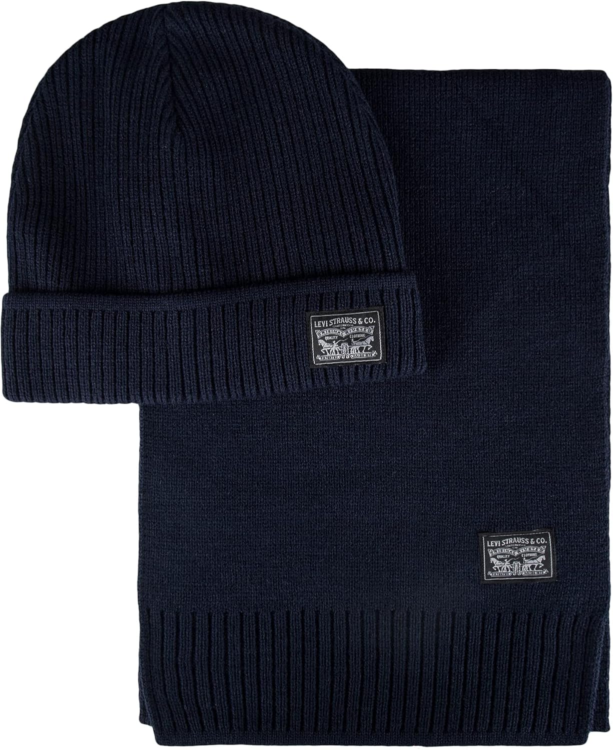 

Levi's Мужской классический зимний теплый вязаный комплект из шапки и шарфа, Navy Ribbed