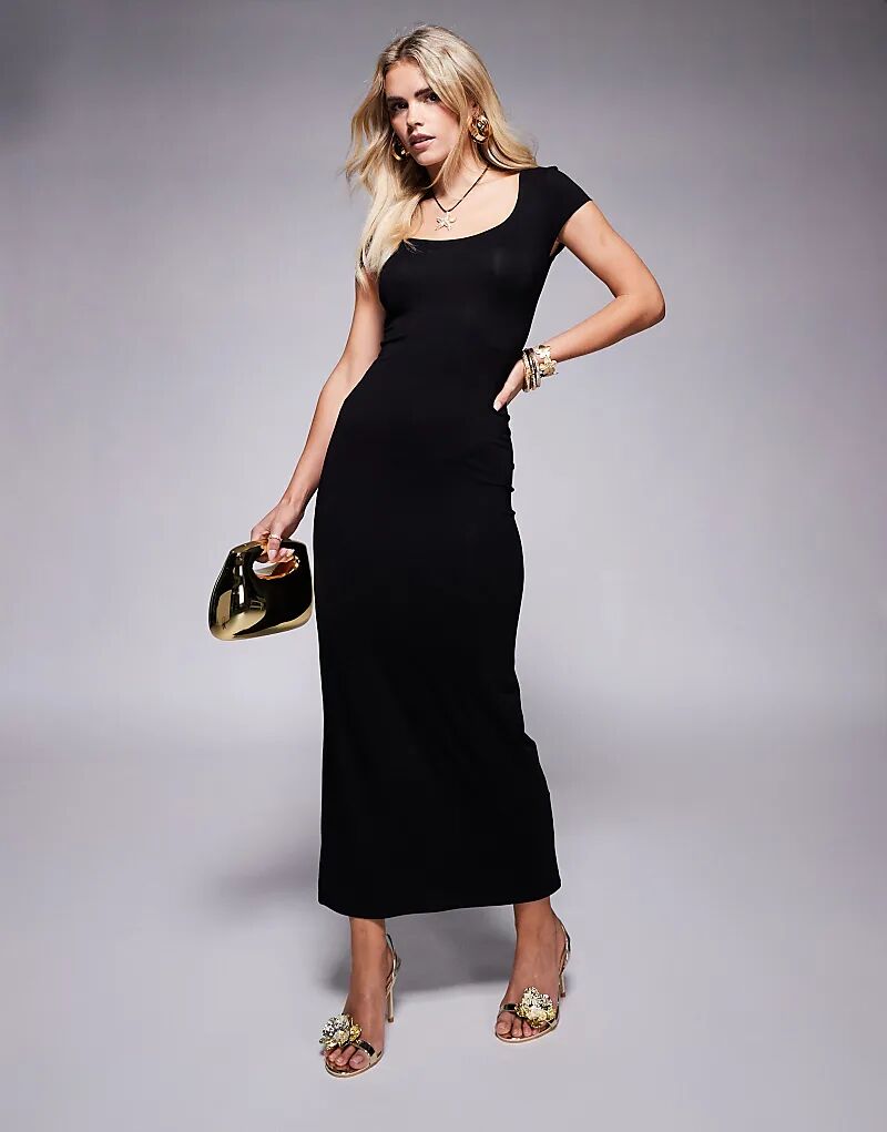 

Платье миди с глубоким вырезом и короткими рукавами ASOS DESIGN Petite, черное Asos Petite