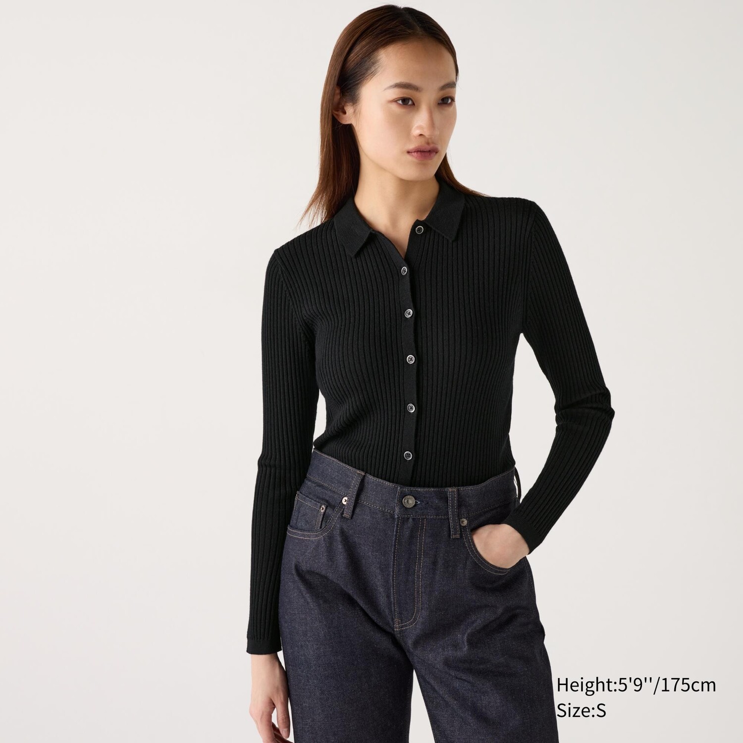 

Кардиган из мериносовой шерсти в рубчик с воротником-поло UNIQLO, черный
