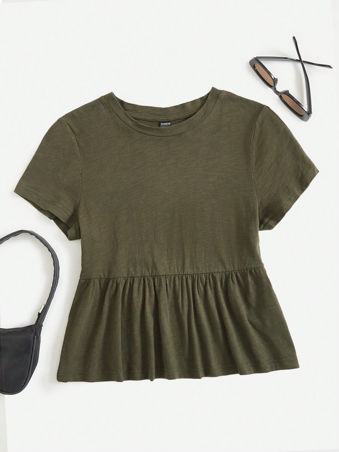 

SHEIN EZwear однотонная футболка, рюши/рюши, темно-зеленый