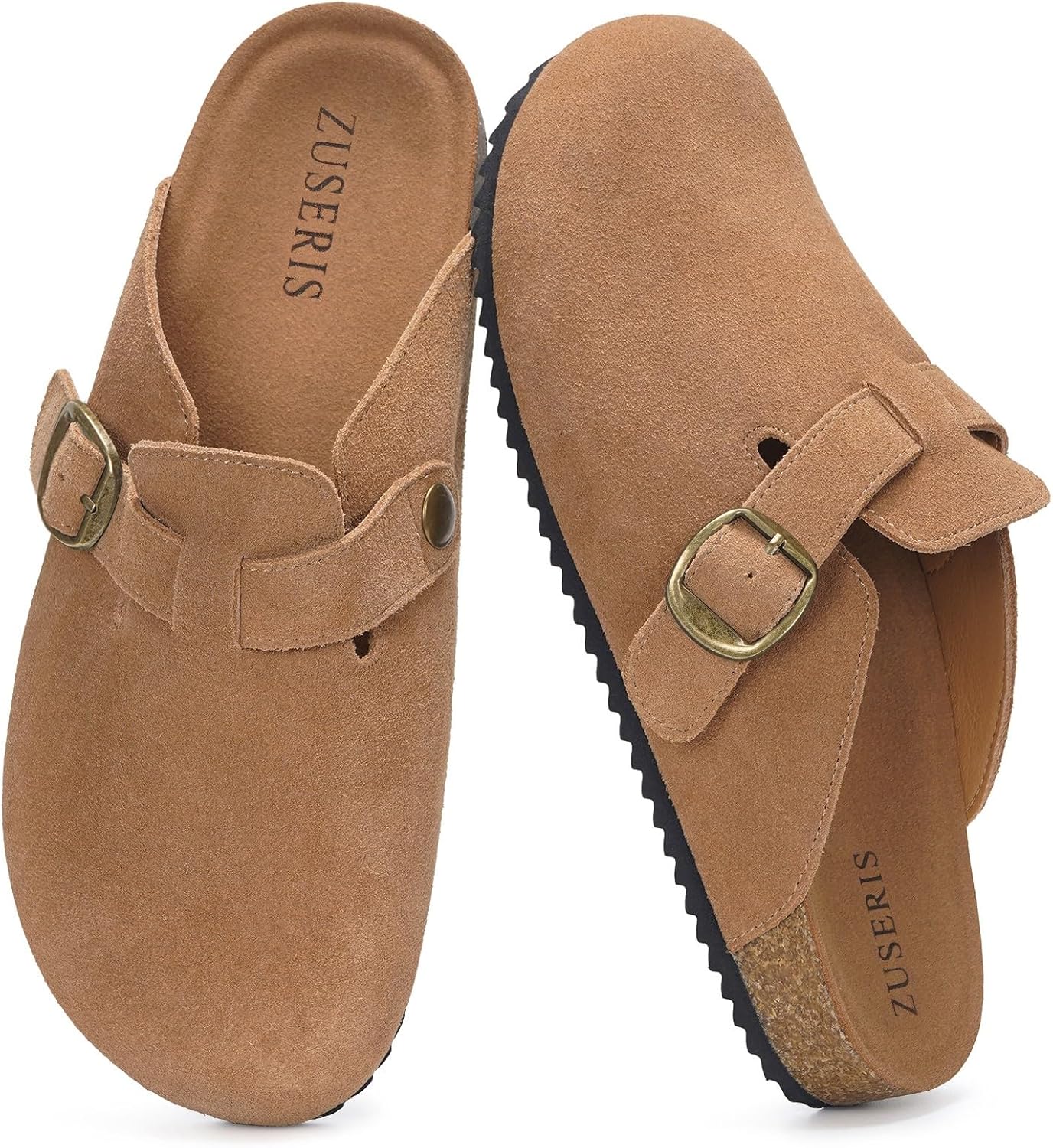 

Женские и мужские замшевые сабо ZUSERIS с широким размером, кожаные мюли, сандалии с пробковой стелькой, удобные тапочки с поддержкой свода стопы, светло-коричневый