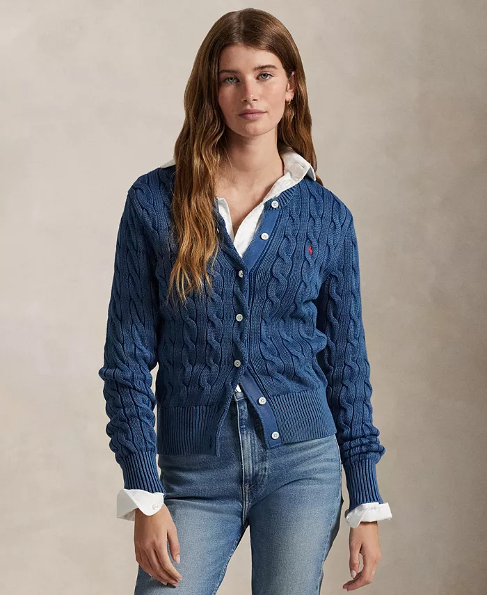 

Женский кардиган из хлопка с узором "косичка" Polo Ralph Lauren, синий