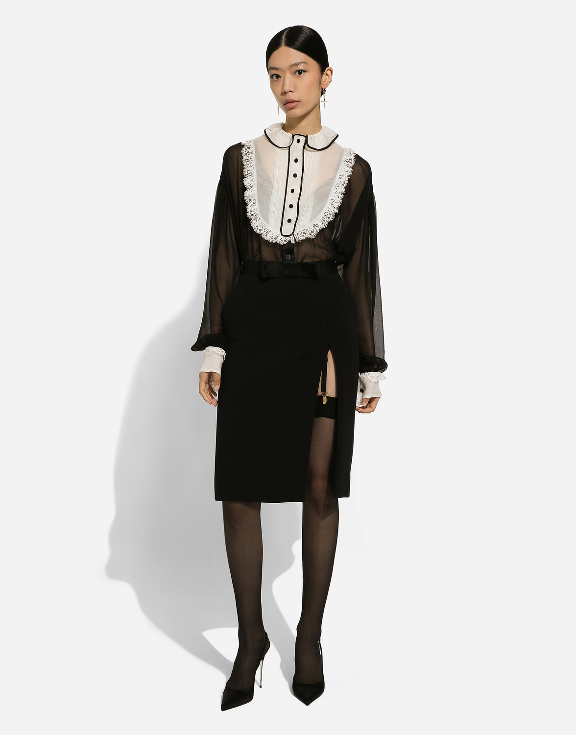Шифоновая рубашка с нагрудной вставкой и манжетами из органзы Dolce & Gabbana, черный — фото 3