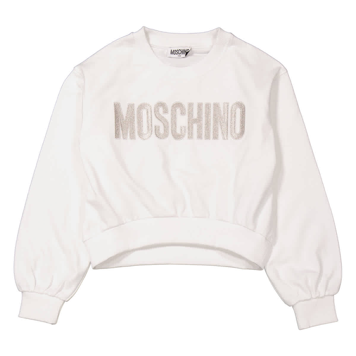 

Moschino Девочки Экипаж Воротник Логотип Вышивка Хлопок Свитшот, белый