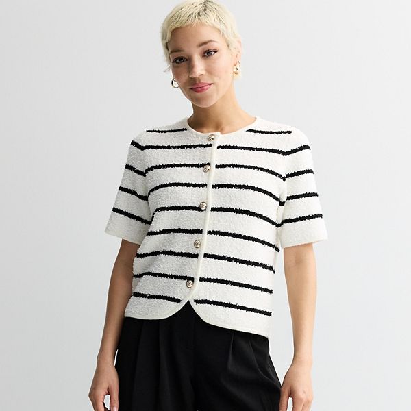 

Женский свитер с рукавом 3/4 и фактурной вязкой Nine West, White Leah Stripe