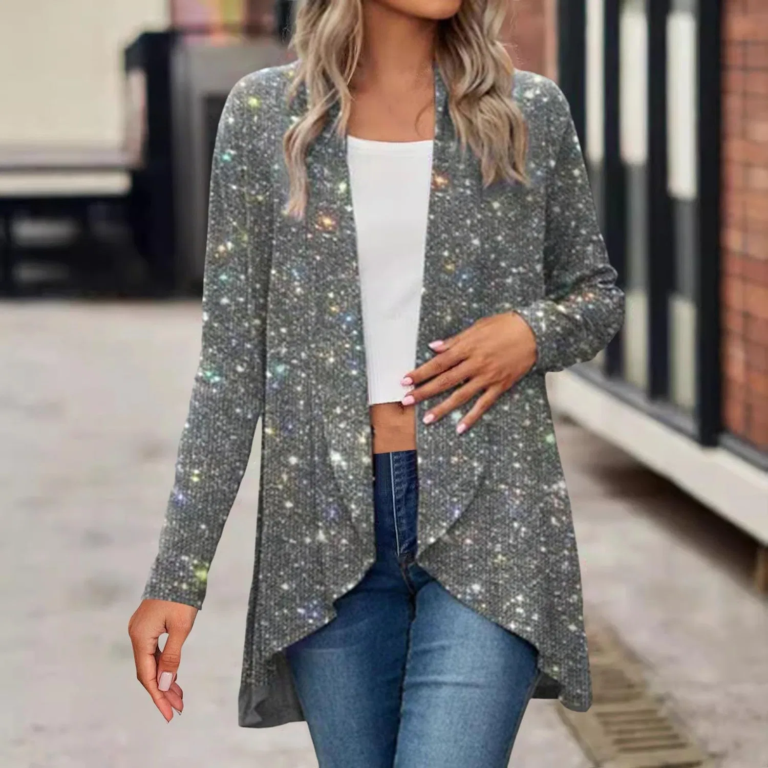 Женское пальто с пайетками Cardigan scintillante da donna con paillettes scintillanti, Argento — фото 2