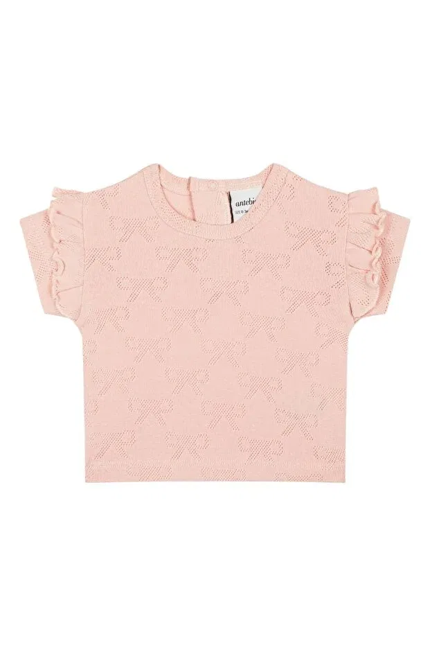 Детская футболка для девочек с жатым рукавом Organic Pink Ribbon Jacquard Ruffled Short Sleeve Antebies, Pink
