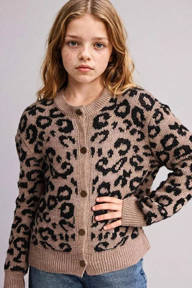 Детский кардиган для девочек с принтом Leopard patterned buttoned cardigan for girls g3065a825au Defacto, Beige-Bg321