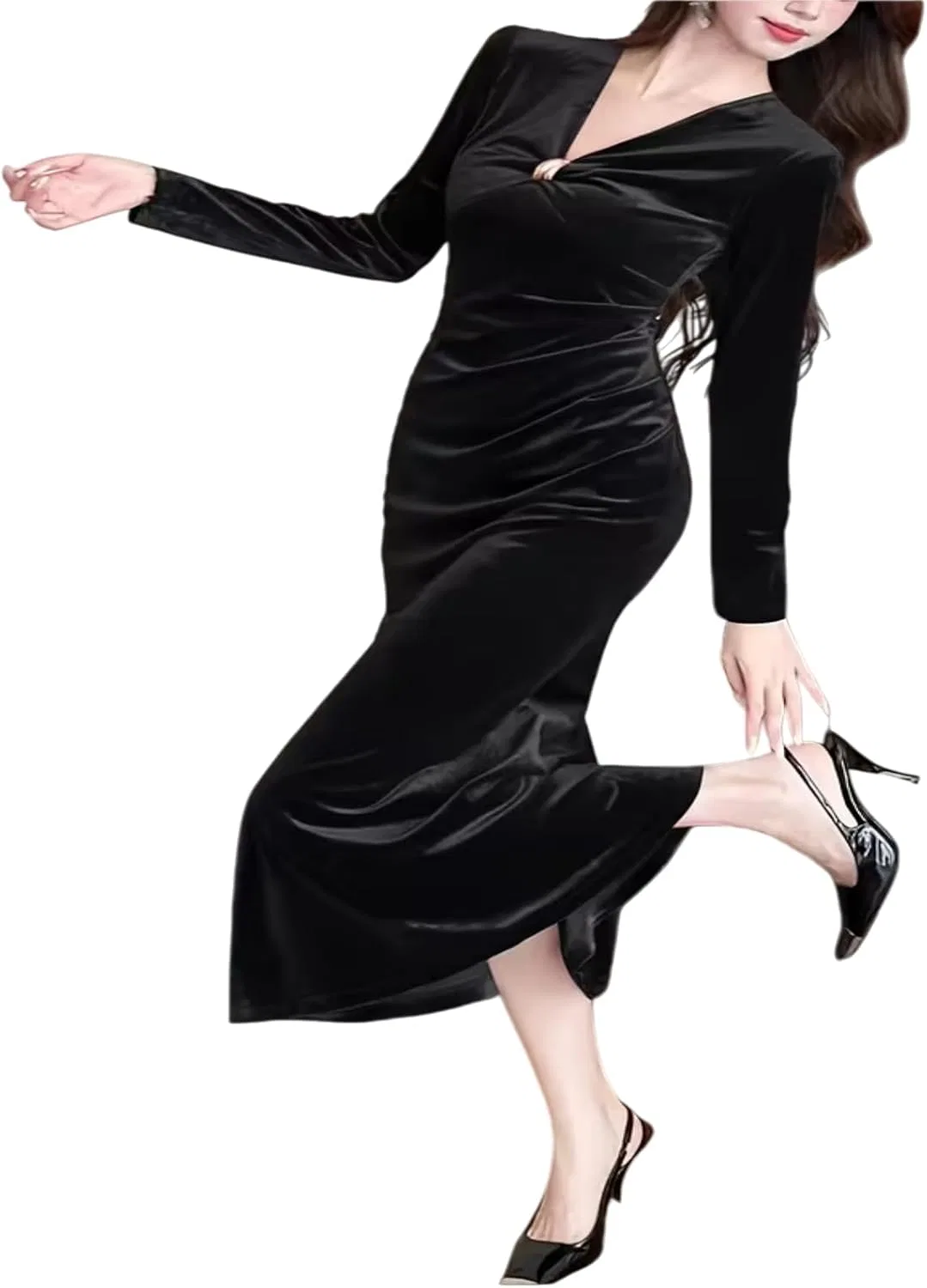 Женское элегантное платье с V-образным вырезом Velvet Dress, Black